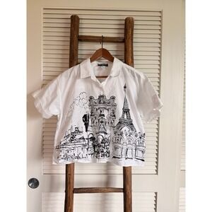 Karl Lagerfeld Paris Womens White Cotton Paris Sketch Graphic Button Up Shirt L